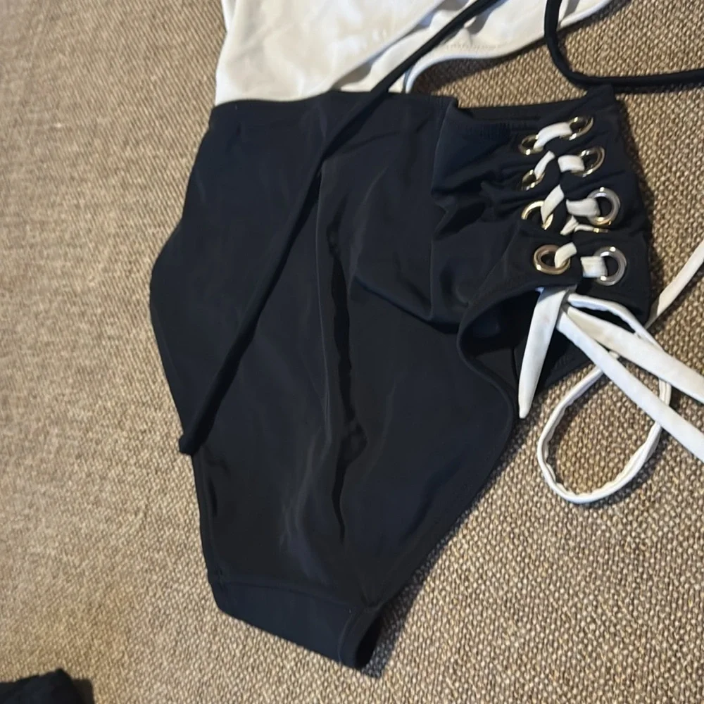 OYE swimwear Kim lace-up one piece black & white designer swimsuit ties small